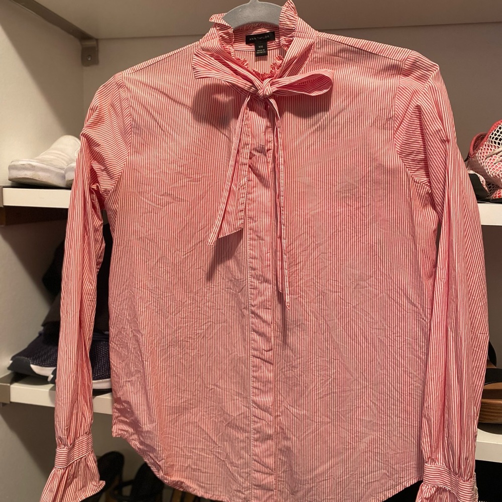 Ann Taylor Red Striped Tie Neck Blouse